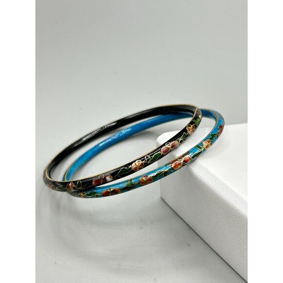 Set of 2 Cloisonne Enamel Bangles with Floral Design Black & Blue Thin Bracelets - Picture 5 of 6